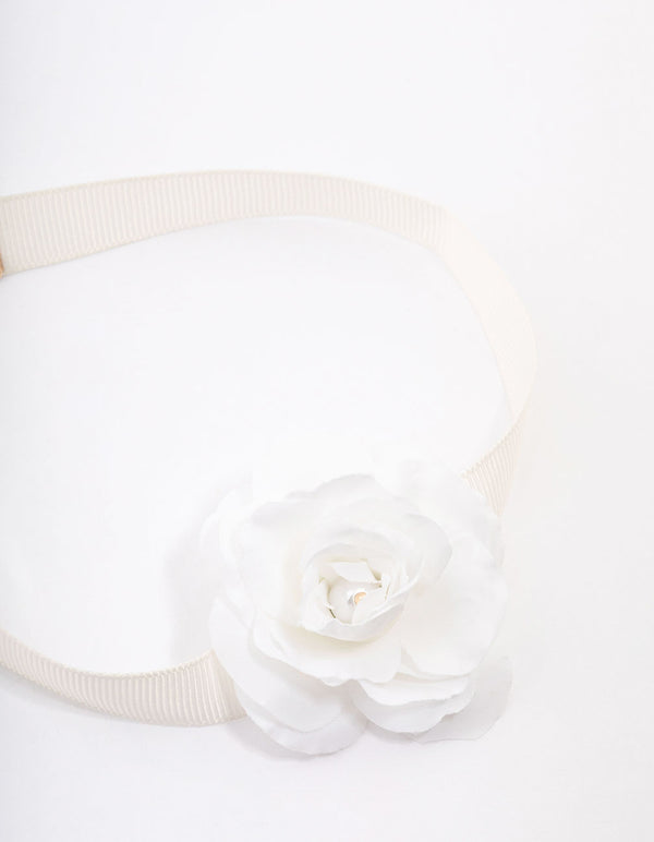 White Pearl Rose Wide Ribbon Choker