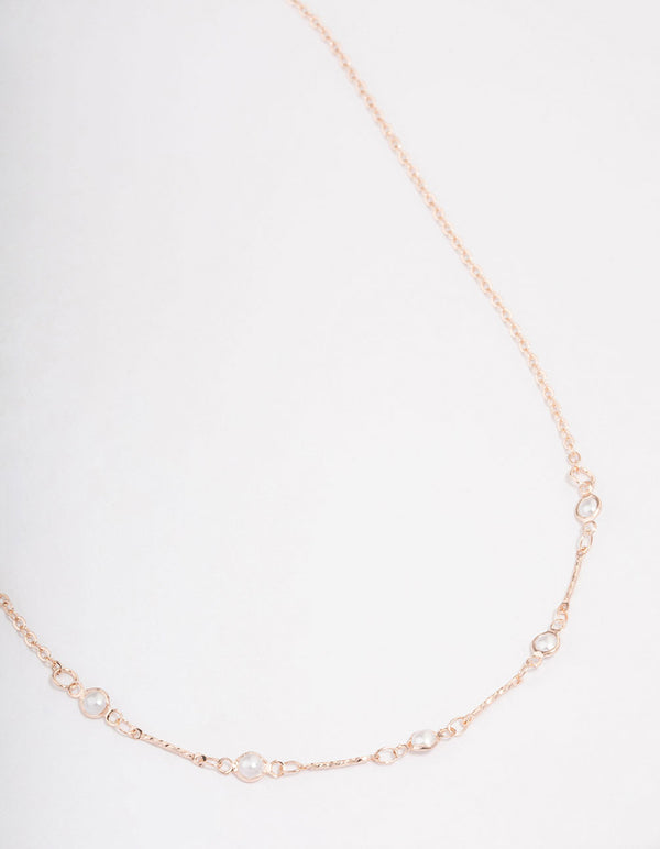 Rose Gold Encased Pearl Station Short Necklace