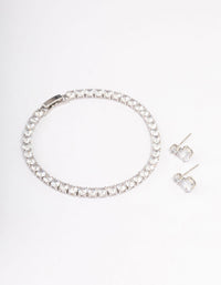 Silver Cubic Zirconia Round Graduating Earrings & Tennis Bracelet Set - link has visual effect only