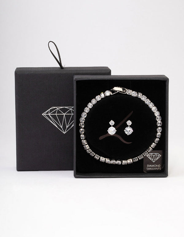Silver Cubic Zirconia Round Graduating Earrings & Tennis Bracelet Set