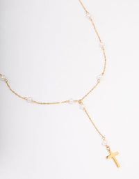 Waterproof Gold Plated Stainless Steel Pearl Station Cross Necklace - link has visual effect only
