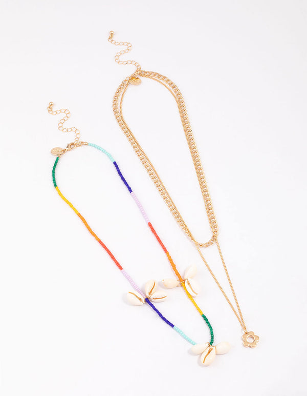 Gold Genuine Shell Flower Layered Necklace