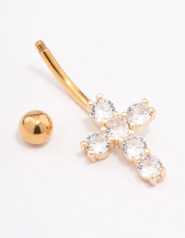 Gold Plated Surgical Steel Round Cubic Zirconia Cross Belly Ring