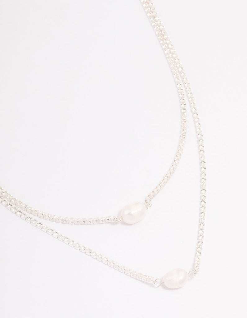 Silver Cubic Zirconia Multi-Row Pearl Necklace