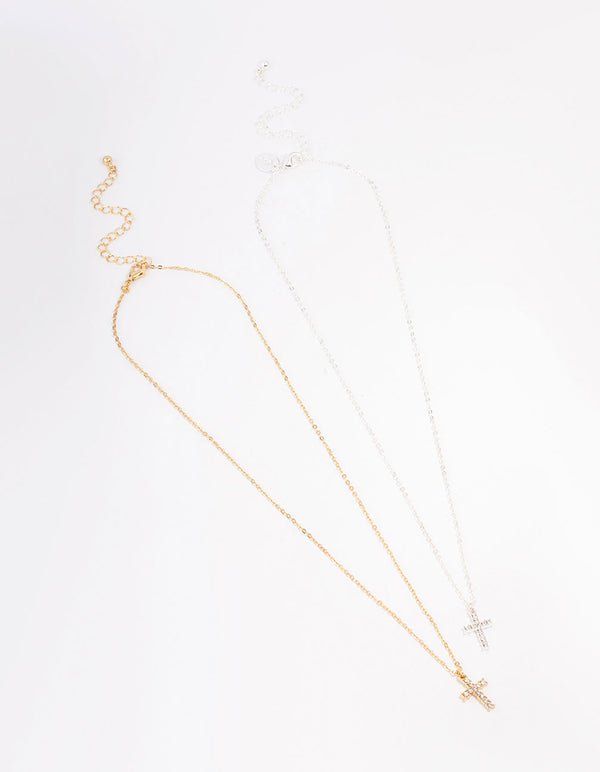 Gold & Silver Plated Diamante Cross Necklace Pack