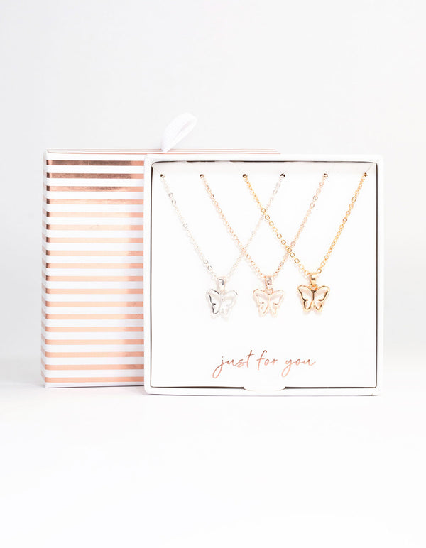 Mixed Metal Couture Butterfly Necklace 3-Pack