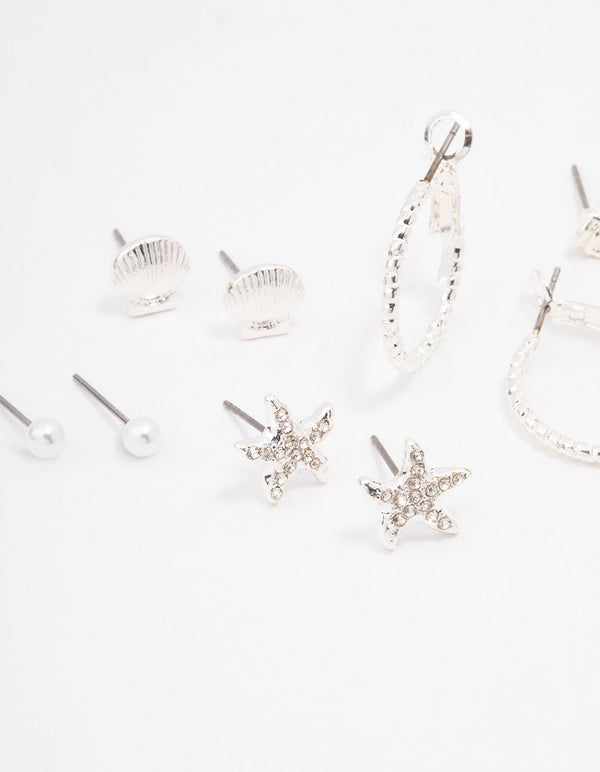 Silver Shell Pearl Stud Earring 8-Pack