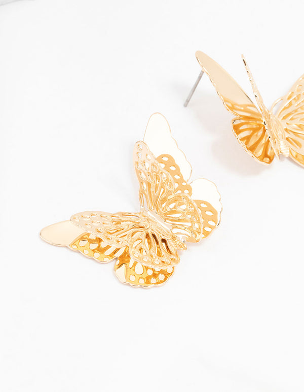 Gold Multi Layered Butterfly Stud Earrings
