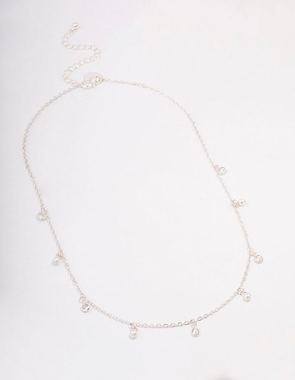 Silver Diamante & Pearl Drop Station Necklace