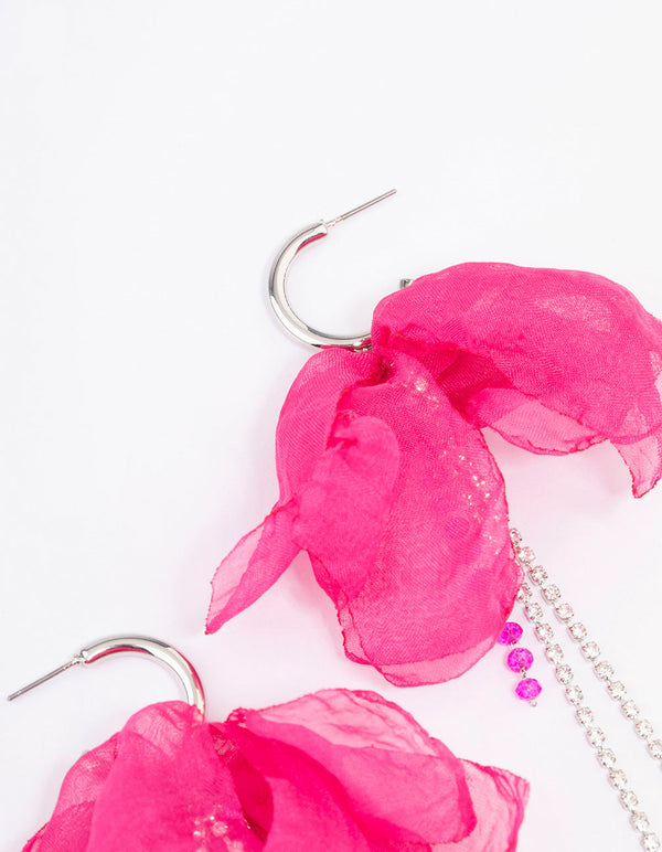 Silver & Pink Flower Cup Chain Drop Earrings