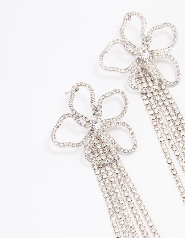 Silver Diamante Flower  Cup Chain Drop Earrings