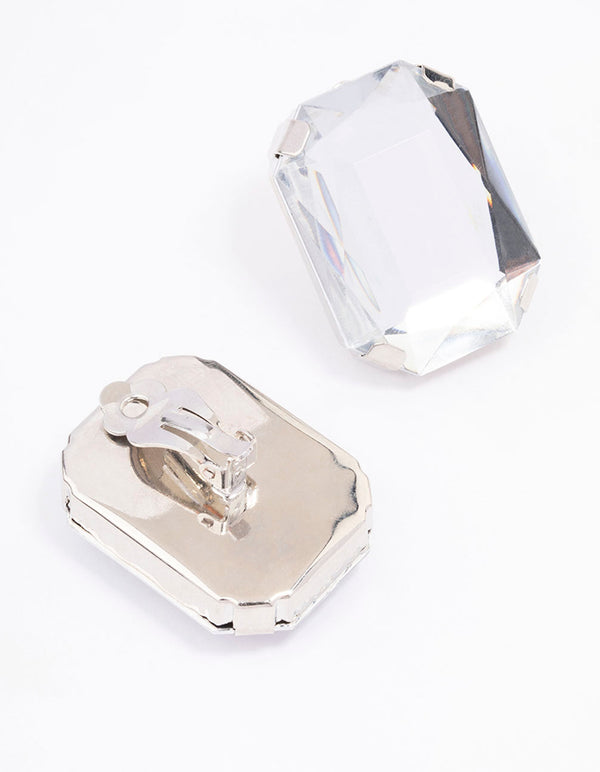 Silver Large Diamante Stud Clip On Earrings
