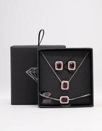 Rhodium Ruby Diamond Simulant Halo Jewellery Set - link has visual effect only