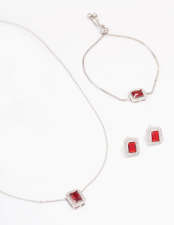 Rhodium Ruby Diamond Simulant Halo Jewellery Set