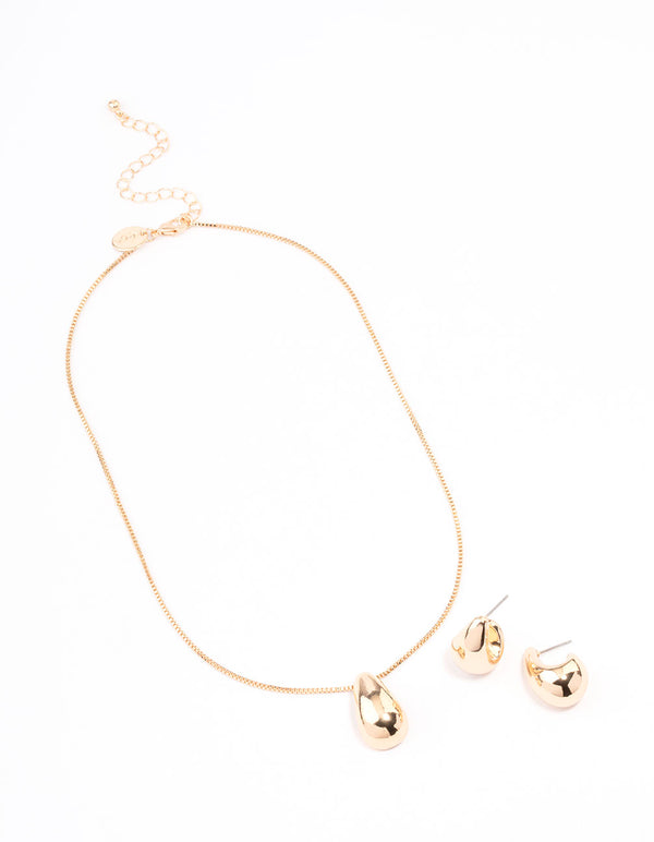 Gold Puffy Pear Earrings & Necklace Jewellery Set
