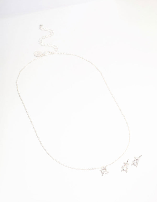 Silver Plated Radiant Cubic Zirconia Necklace & Earrings Set