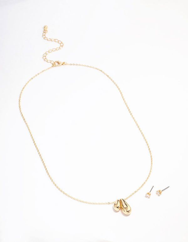 Gold Plated Double Drop Pendant Necklace & Earrings Set