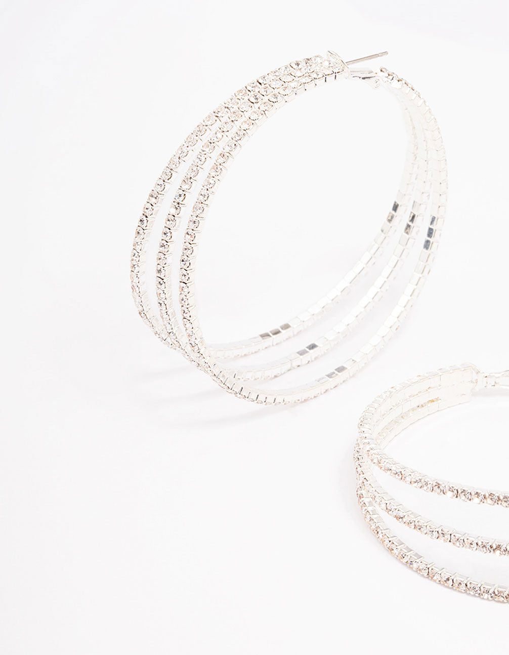 Silver Medium Triple Row Diamante Hoop Earrings