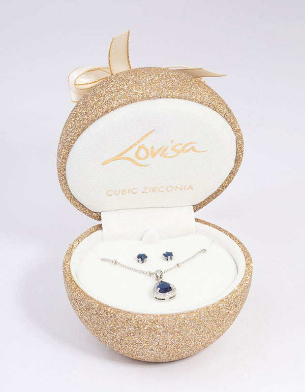 Silver Cubic Zirconia Sapphire Earring & Necklace Set