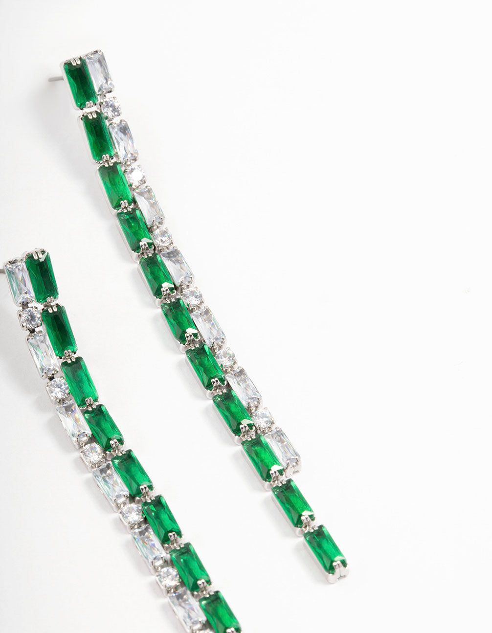 Silver Cubic Zirconia Double Row Baguette Drop Earrings