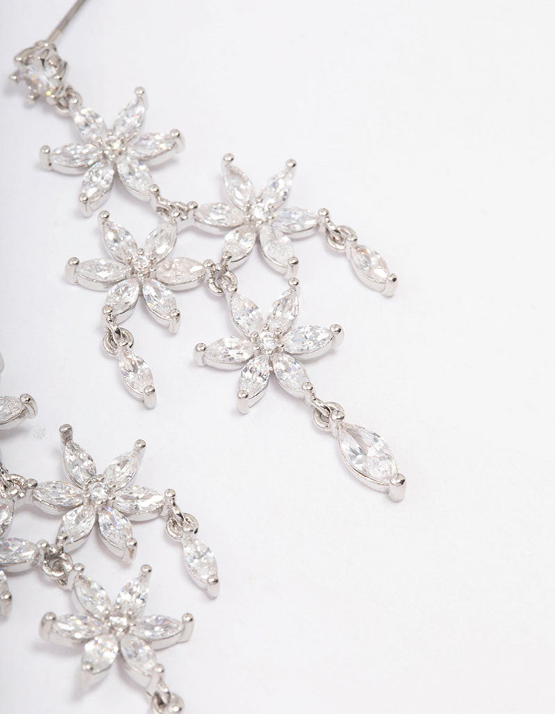 Silver Cubic Zirconia  Flower Chandelier Drop Earrings