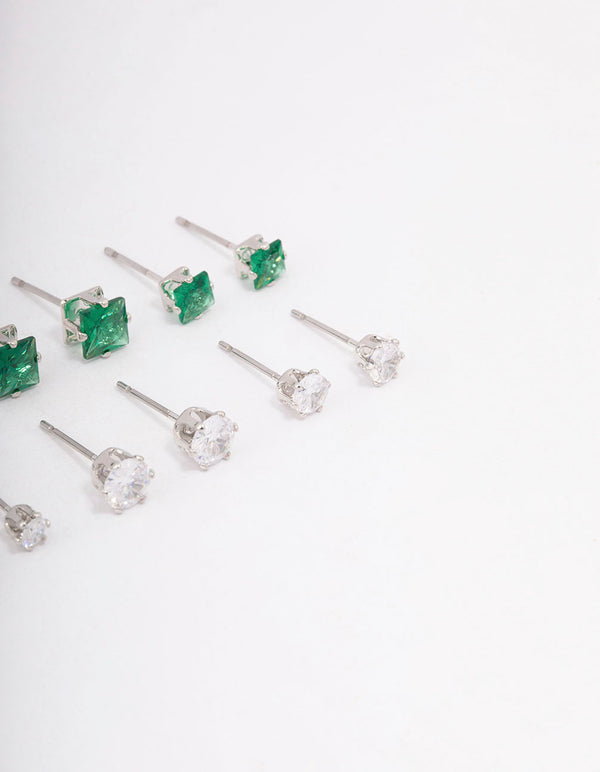 Silver Cubic Zirconia Round & Square Stud Earrings 12-Pack