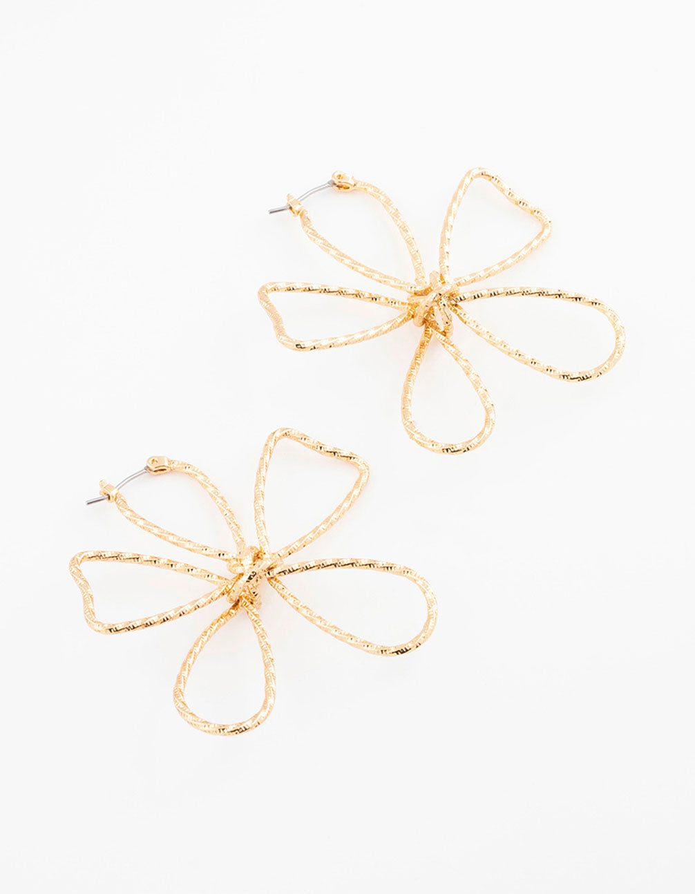 Gold Plated Textured Wire Flower Statement Earrings