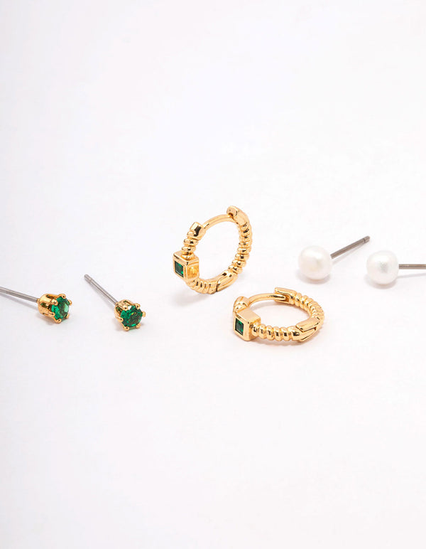 Gold Plated Brass Cubic Zirconia Huggie Pearl Earring 3-Pack