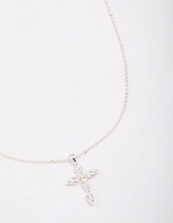 Silver Plated Brass  Large Marquise Cross Pendant Necklace