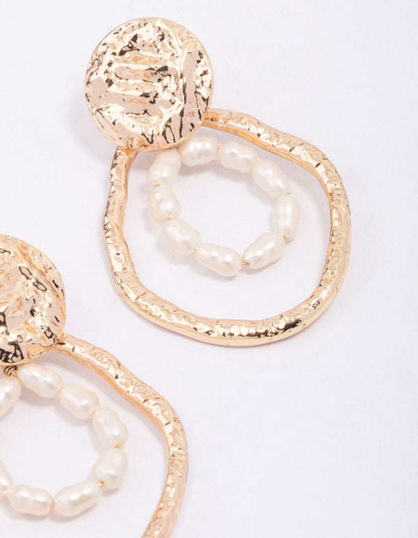 Gold Molten Pearl Drop Earrings