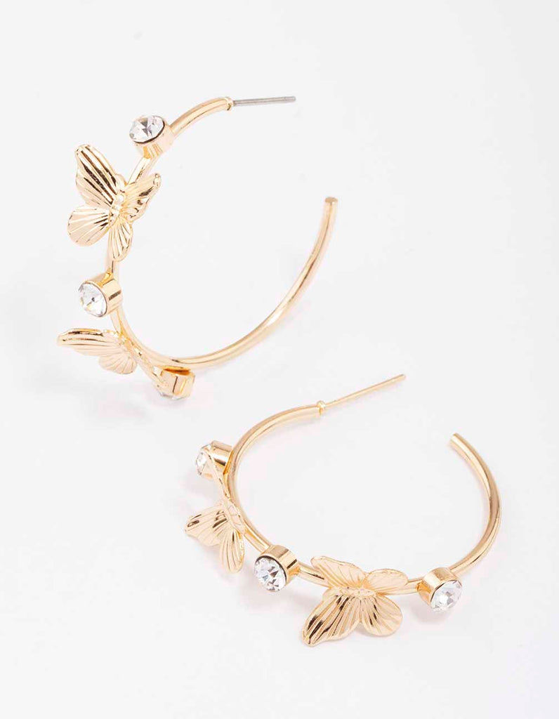 Gold Diamante Butterfly Hoop Earrings