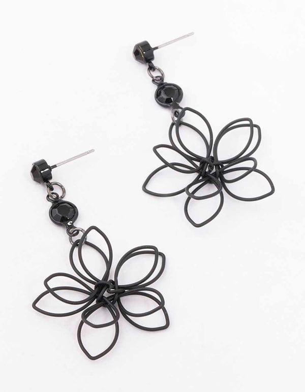 Black Wire Beaded Drop Flower Earrings