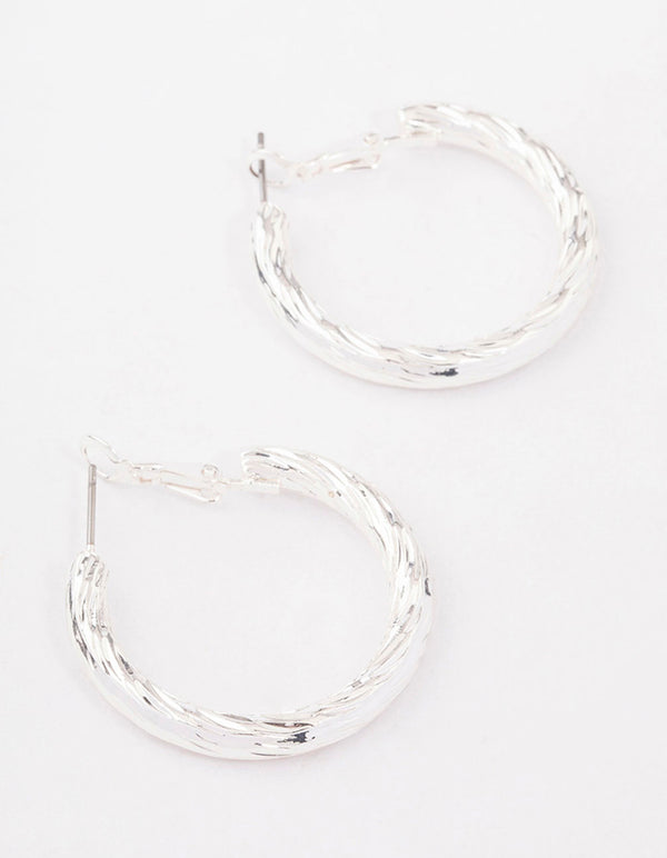 Silver Fine Line Textured Hoop Earrings
