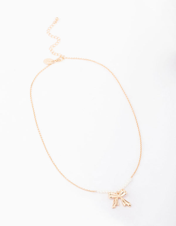 Gold Pearl Bow Short Necklace