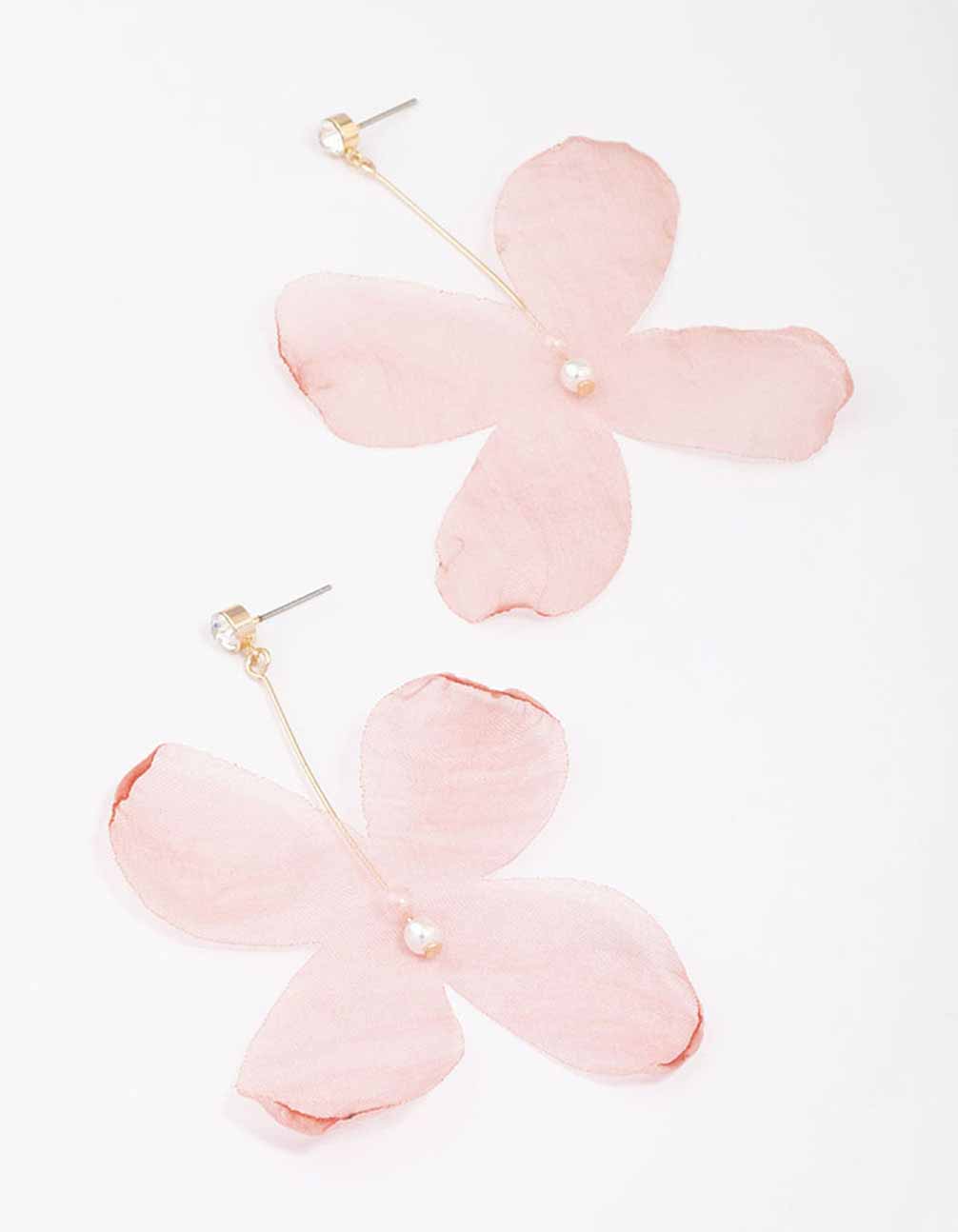 Pink Diamante & Pearl Fabric Flower Drop Earrings