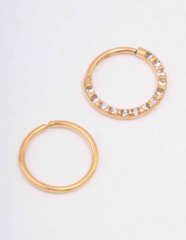 Gold Plated Surgical Steel Cubic Zirconia Textured Nose Ring Pack