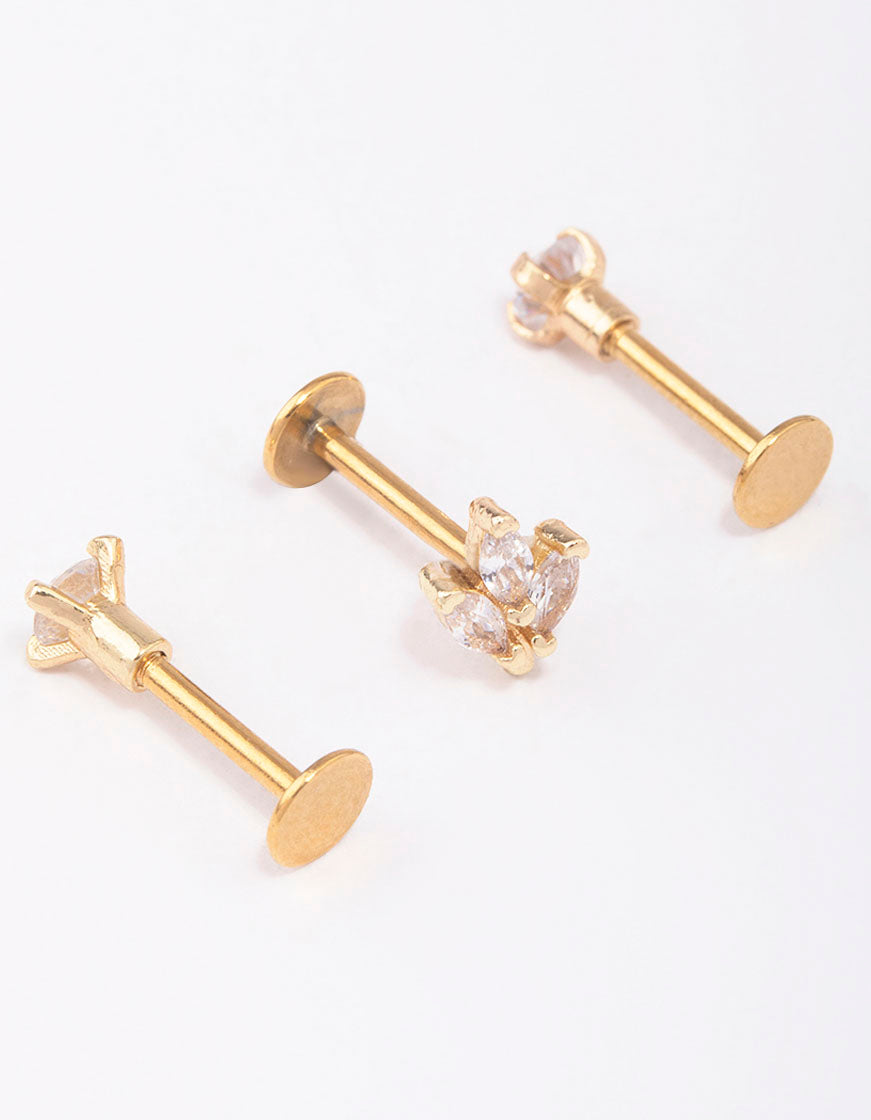 Gold Plated Surgical Steel Triangular Leaf Flat Back 3-Pack