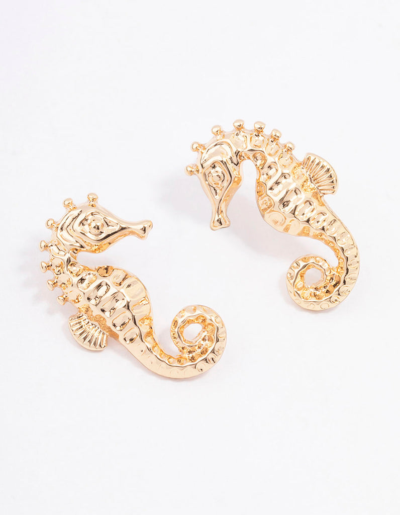 Gold Seahorse Statement Stud Earrings