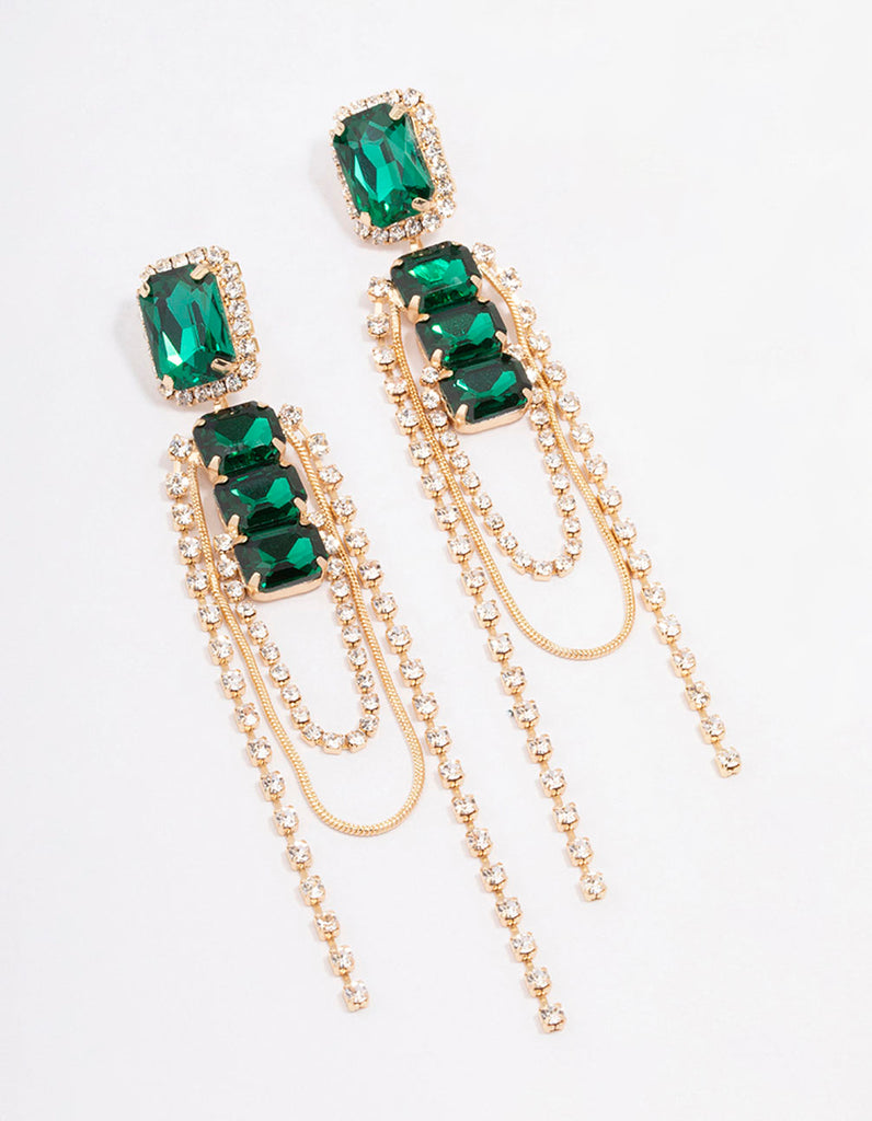Gold Double Emerald Stone Drop Earrings