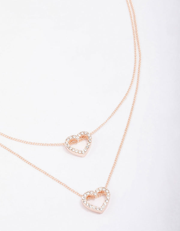 Rose Gold Double Diamante Open Heart Necklace