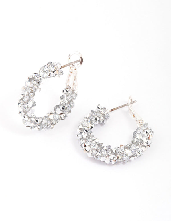 Silver Crushed Stone & Diamante Hoop Earrings
