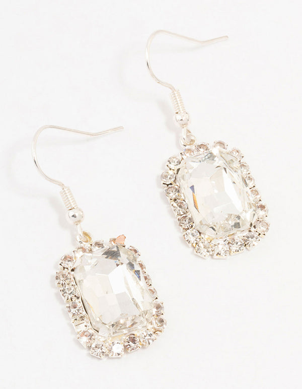 Silver Encased Rectangular Diamante Drop Earrings