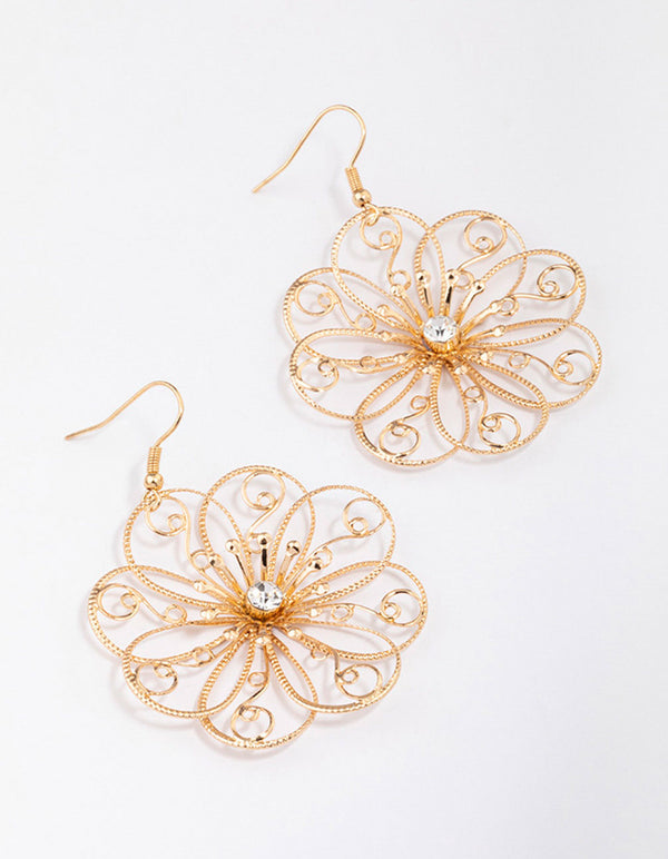 Gold Diamante Wire Swirly Flower Drop Earrings