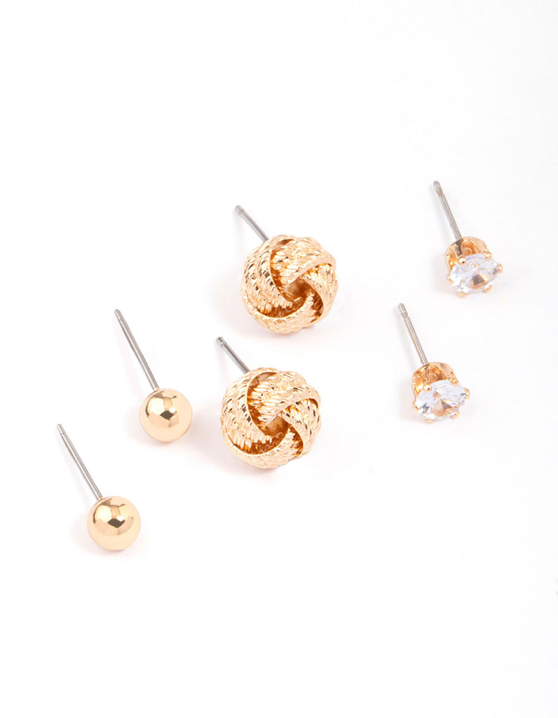 Gold Diamante Knotted Stud Earring 3-Pack