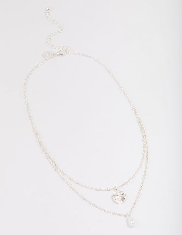 Silver Disc & Pearl Layered Necklace