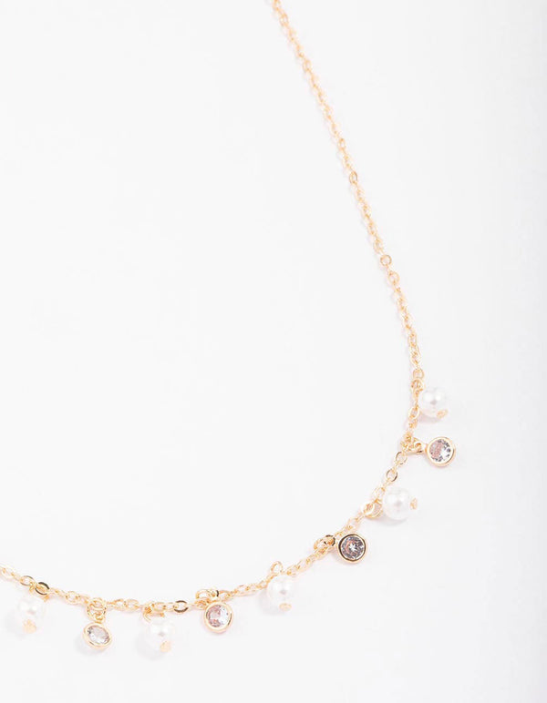 Gold Pearl & Diamante Droplet Chain Necklace