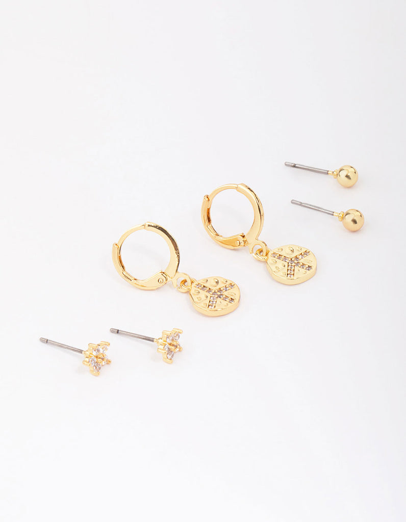 Gold Plated Cubic Zirconia Coin Earring 3-Pack