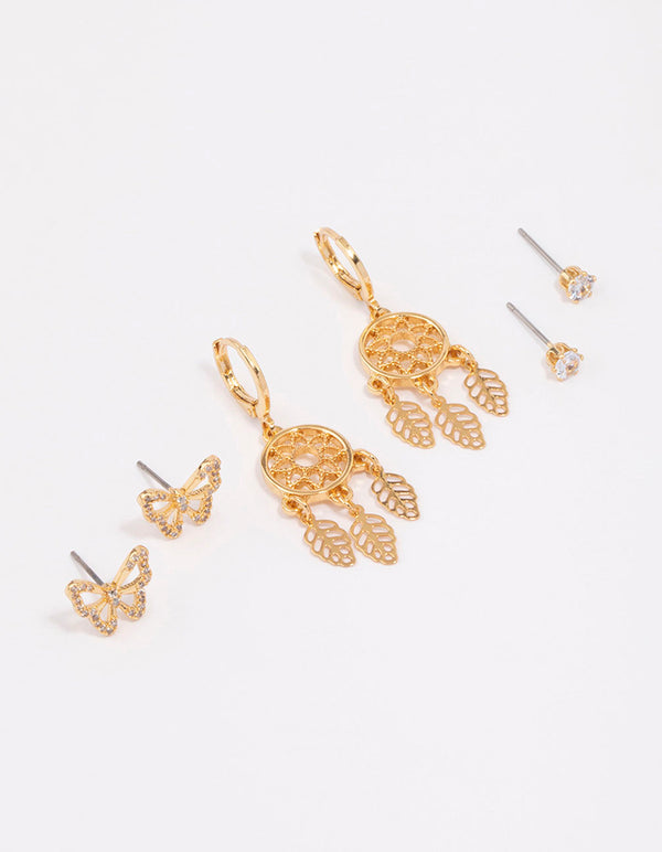 Gold Plated Dream Catcher Earring 3-Pack