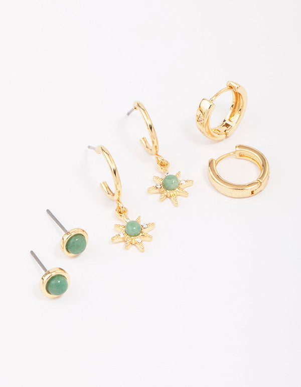 Gold Plated Green Aventurine Celestial Earring 3-Pack