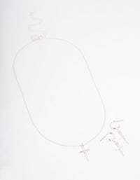 Silver Plated Sleek Cross Necklace & Earring Jewellery Set - link has visual effect only